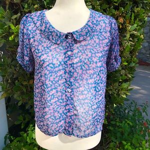 Floral Pattern Sheer shirt with small collar
